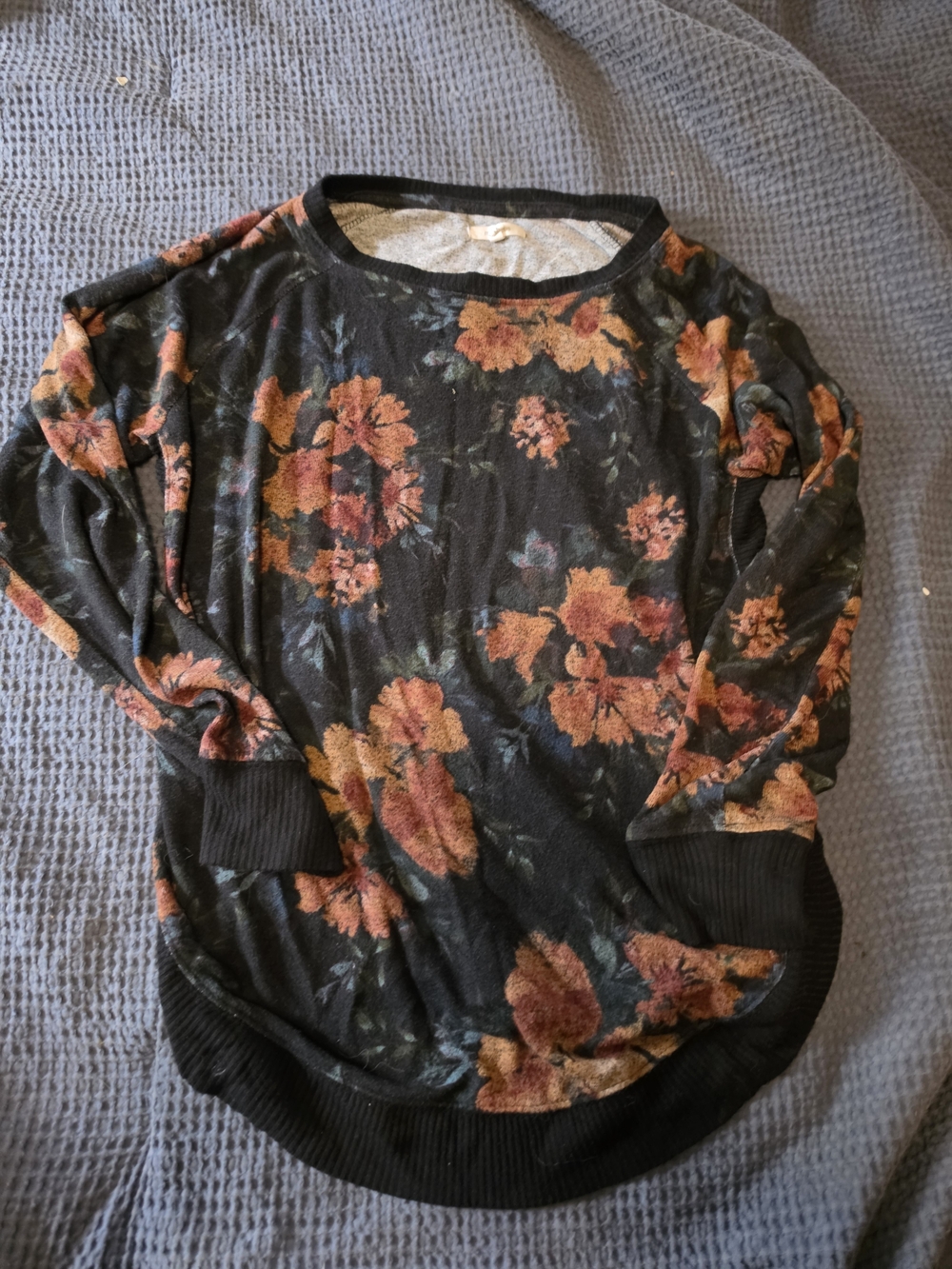 Maurices Black Floral Long Sleeve Pullover with Rust Orange Blooms